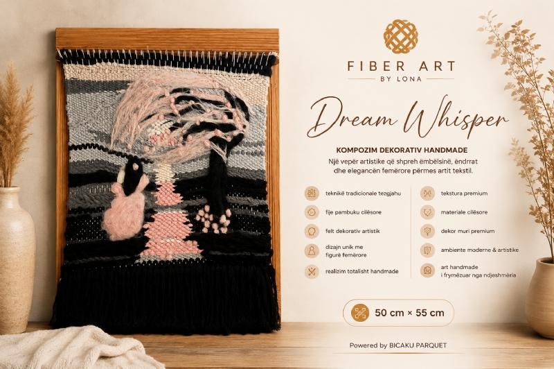 Vajza Artistike me Punim Tezgjahu dhe Felt,  realizuar nga Fiber Art by Lona, është një dekor mural premium për vila, ambiente moderne, hotele dhe boutique